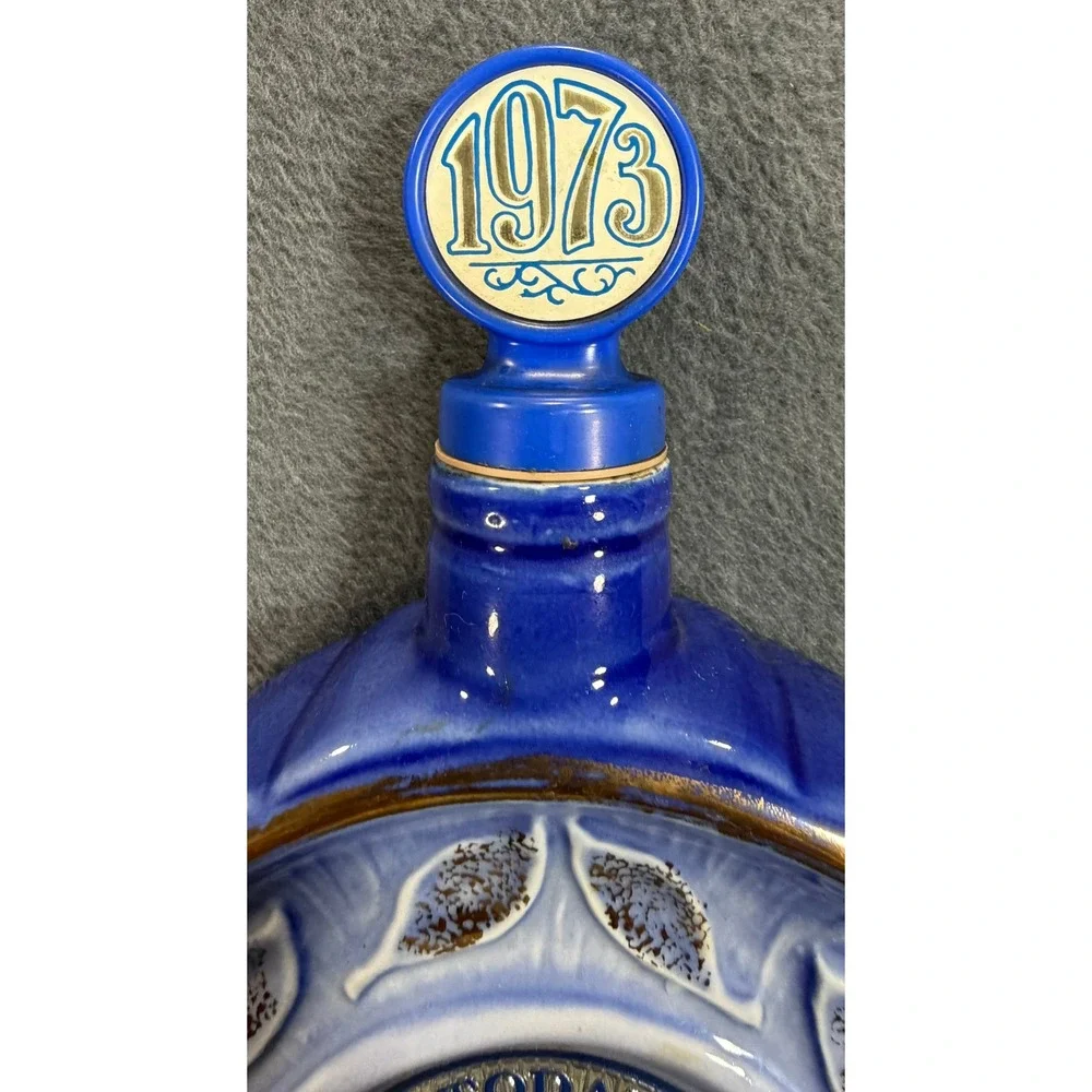 Jim Beam Reidsville NC Centennial Decanter 1873-1973 Blue Gold Vintage Ceramic